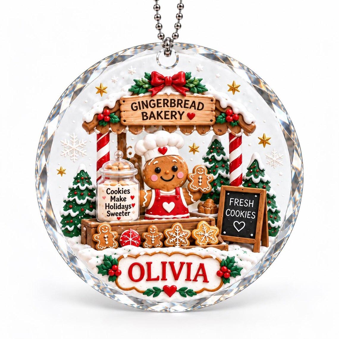Gingerbread Bakery Christmas Custom Name Round Glass Ornament