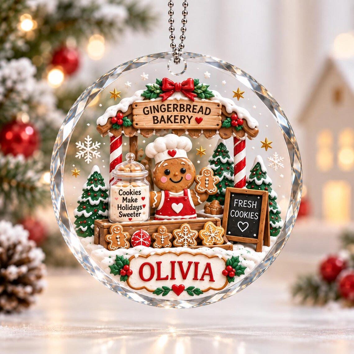 Gingerbread Bakery Christmas Custom Name Round Glass Ornament