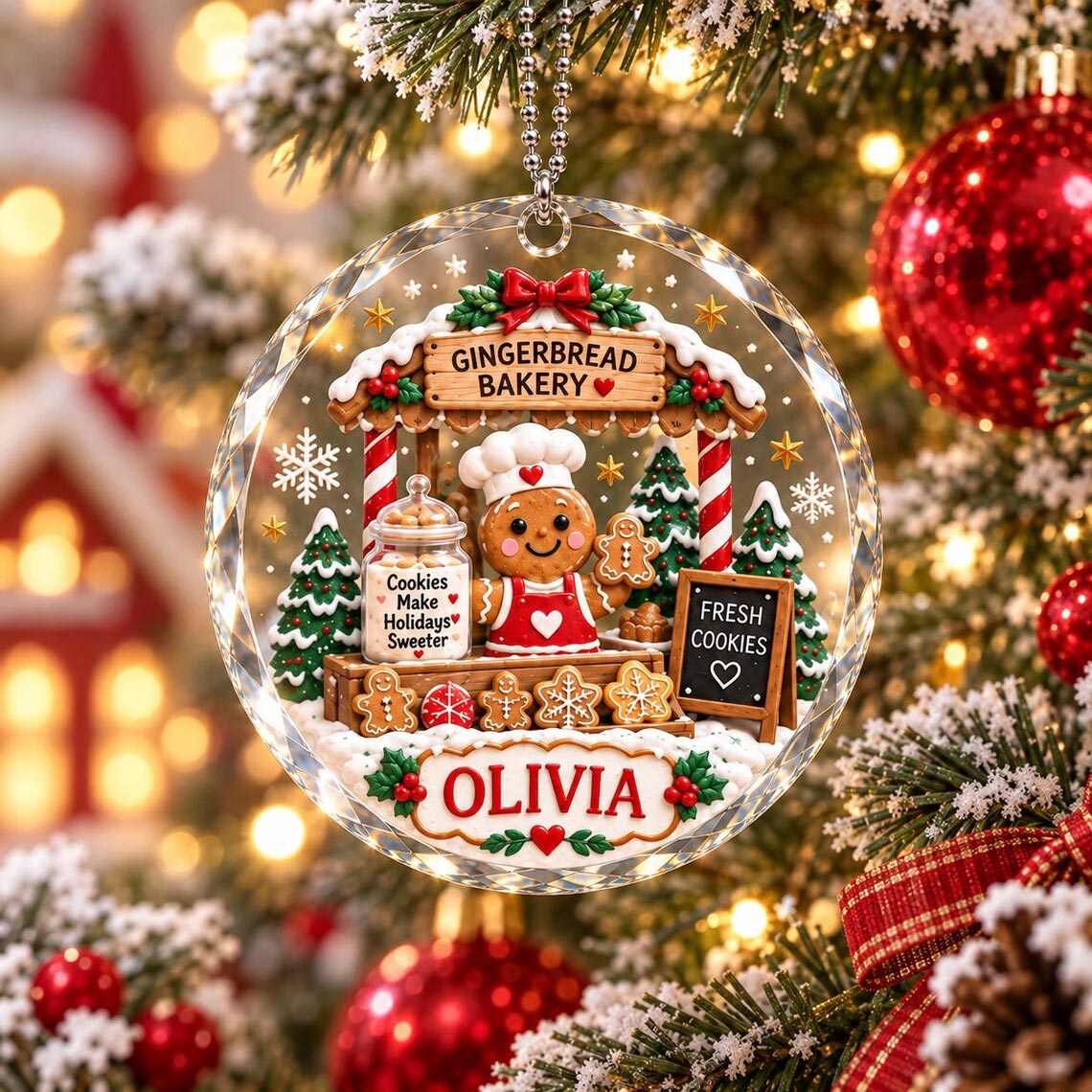 Gingerbread Bakery Christmas Custom Name Round Glass Ornament