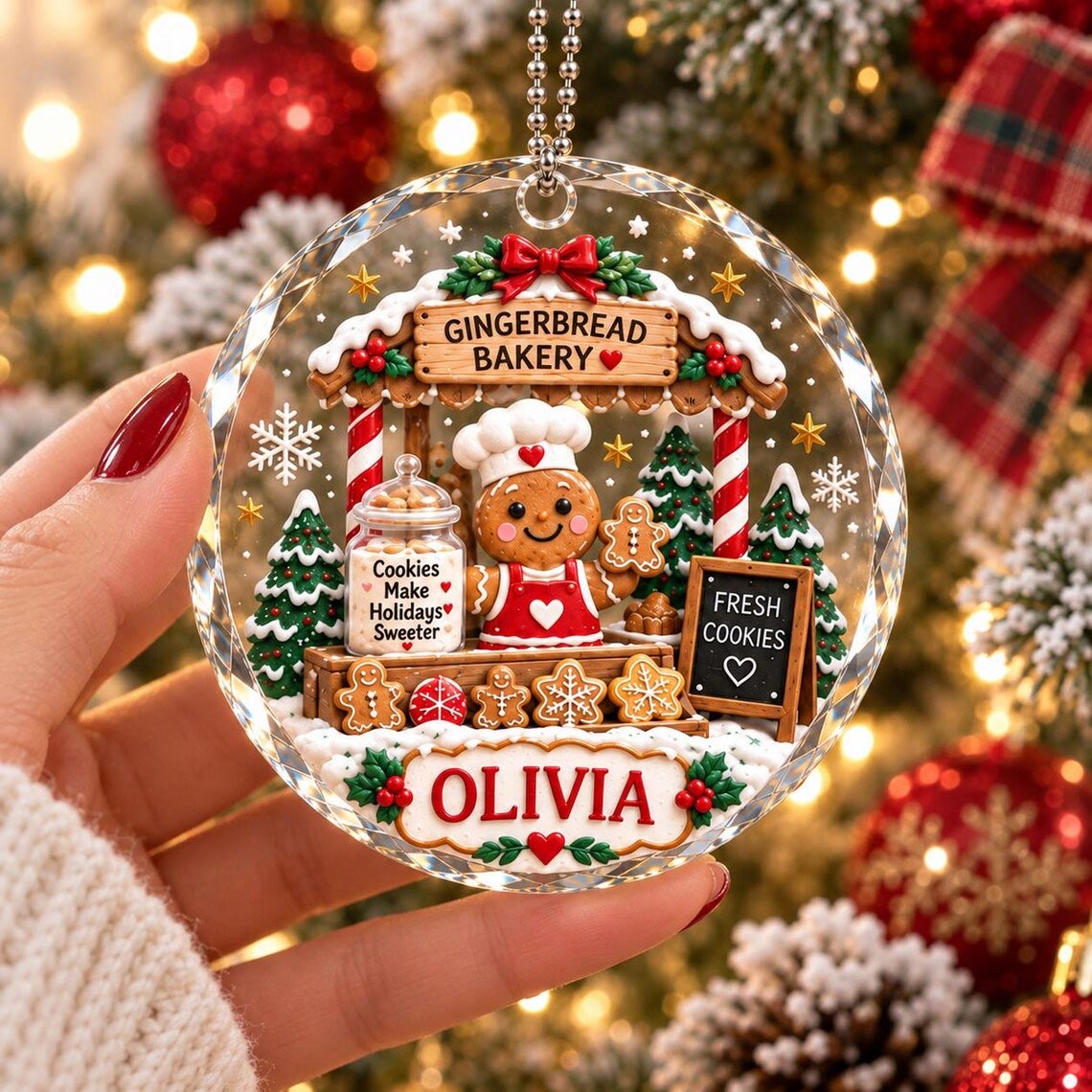 Gingerbread Bakery Christmas Custom Name Round Glass Ornament