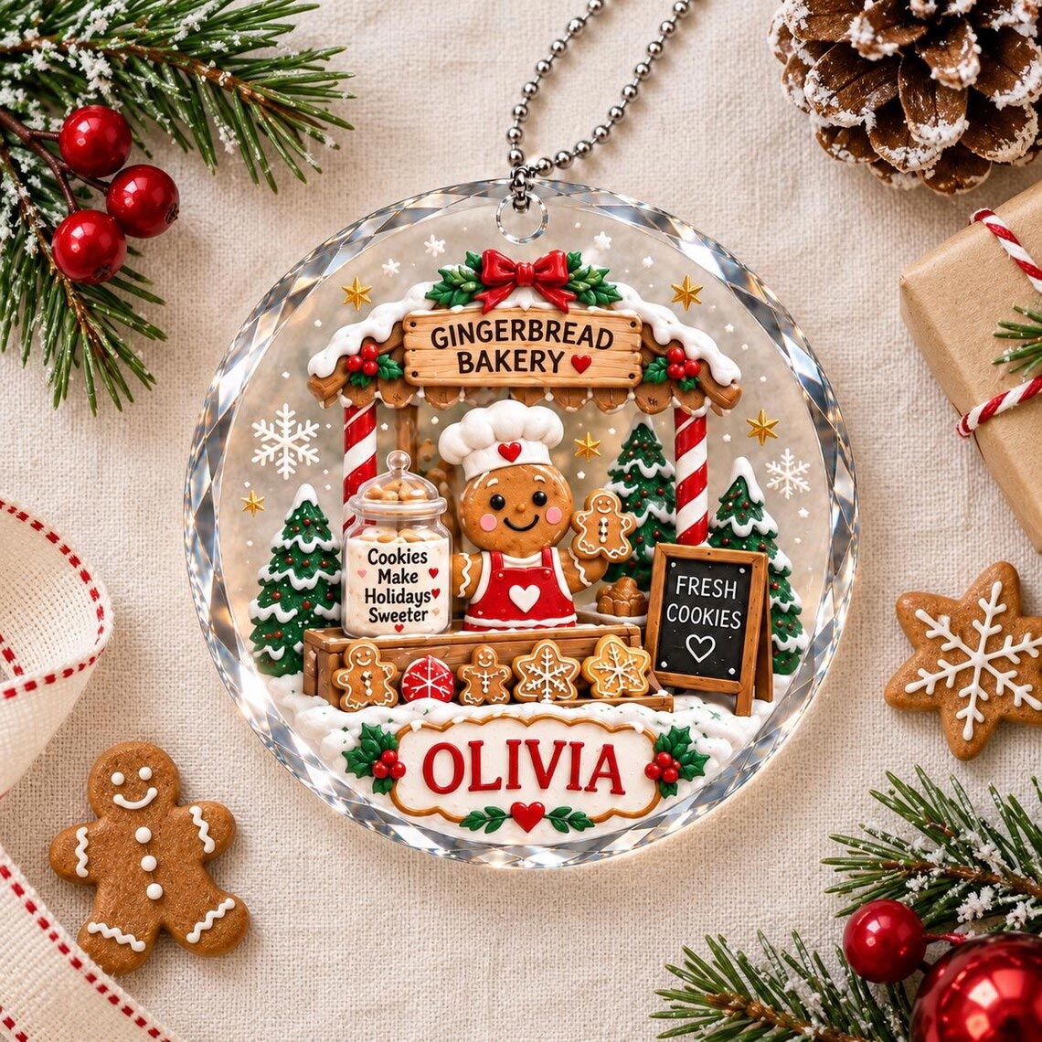 Gingerbread Bakery Christmas Custom Name Round Glass Ornament