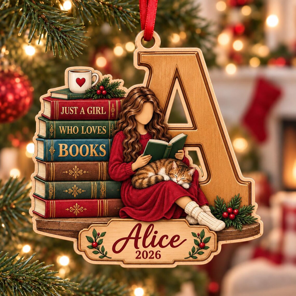 Christmas Book Lover 2026 Custom Name Date Wooden Ornament