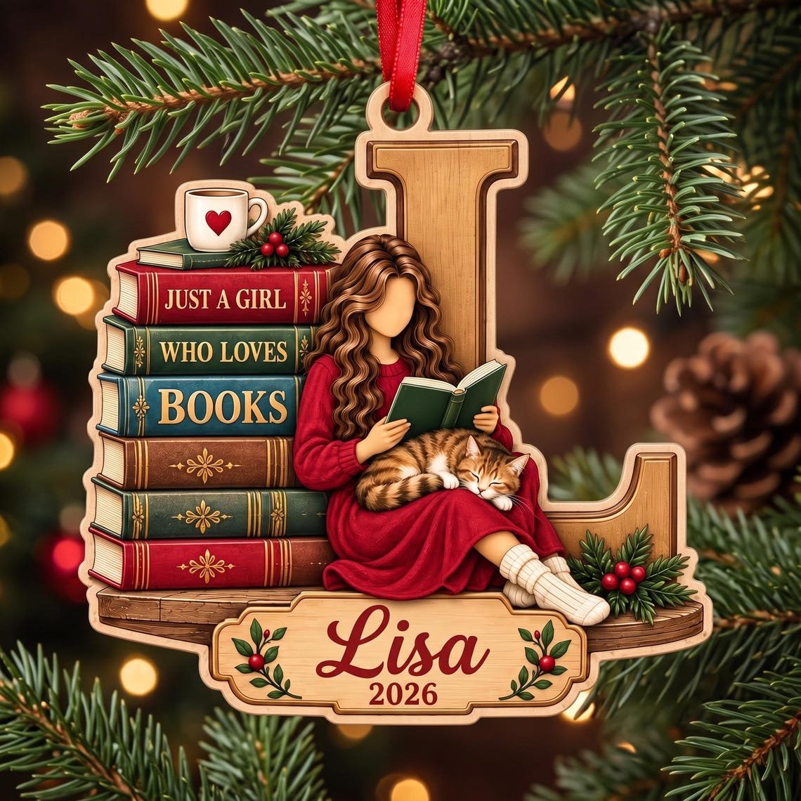 Christmas Book Lover 2026 Custom Name Date Wooden Ornament