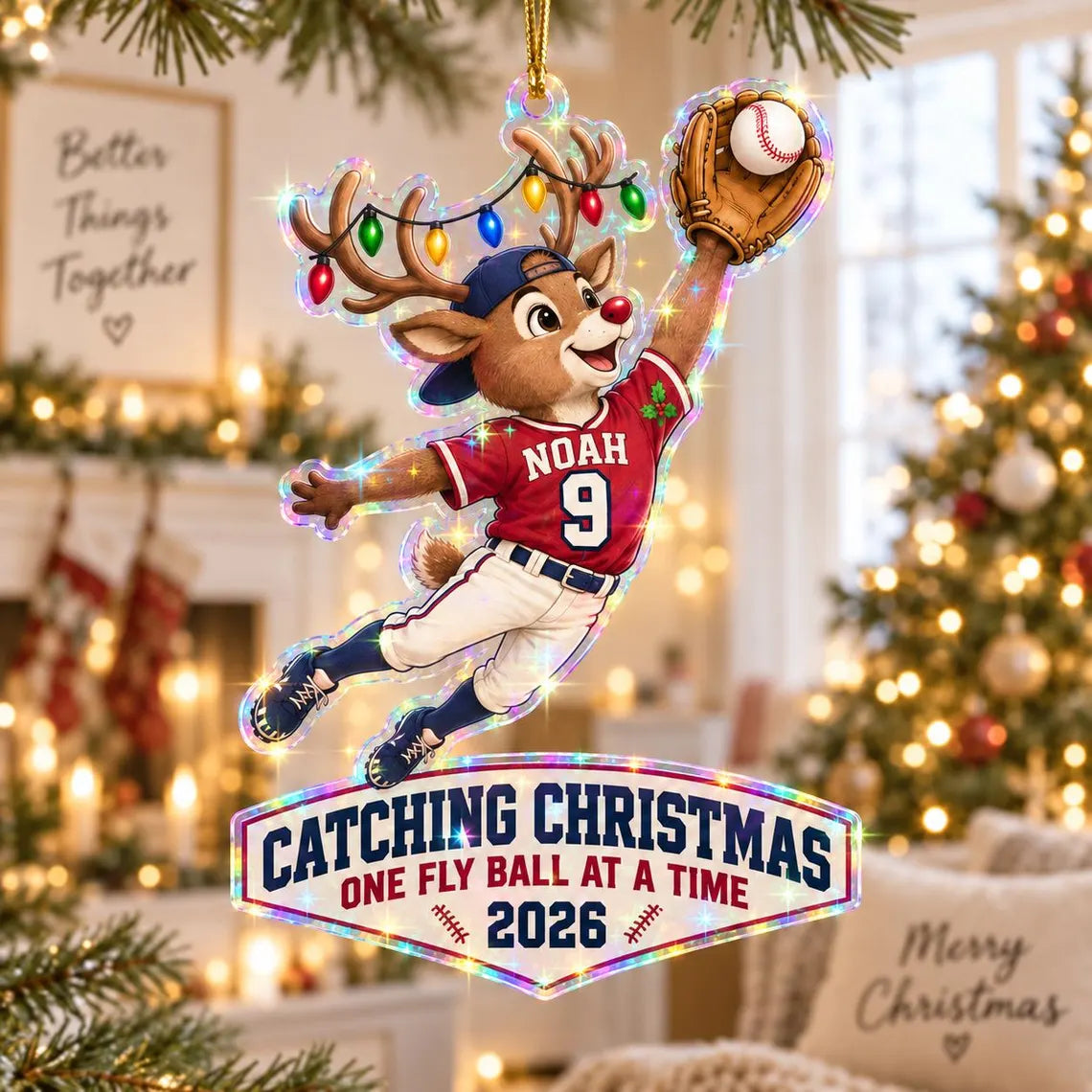 Santa Baseball Christmas 2026 Custom Name Number Date Sports Starburst Hologram Christmas Ornament