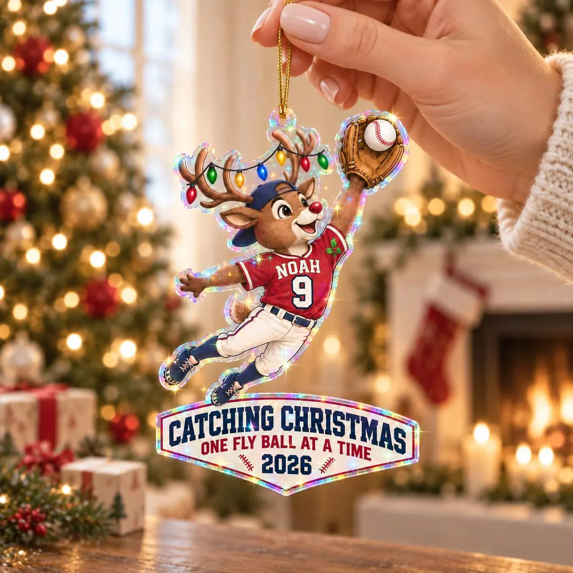 Santa Baseball Christmas 2026 Custom Name Number Date Sports Starburst Hologram Christmas Ornament
