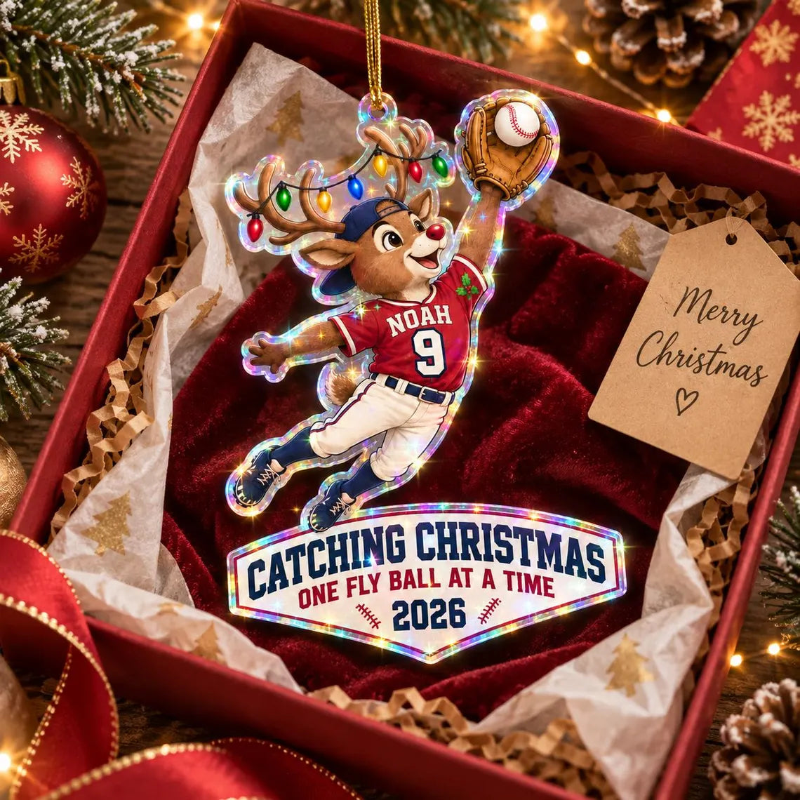 Santa Baseball Christmas 2026 Custom Name Number Date Sports Starburst Hologram Christmas Ornament
