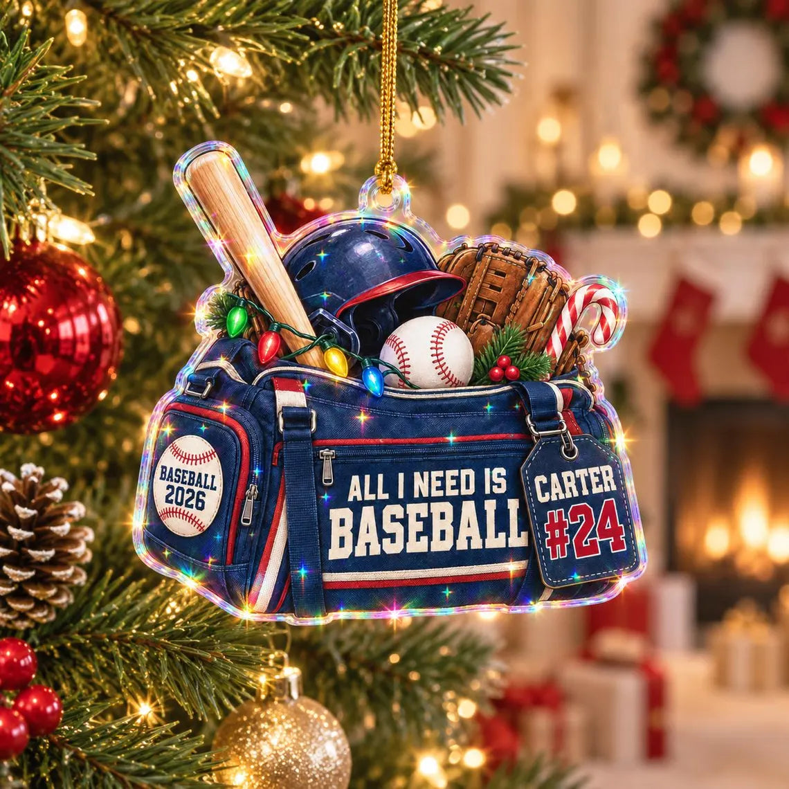 All I Need Is Baseball 2026 Custom Name Date Sports Starburst Hologram Ornament