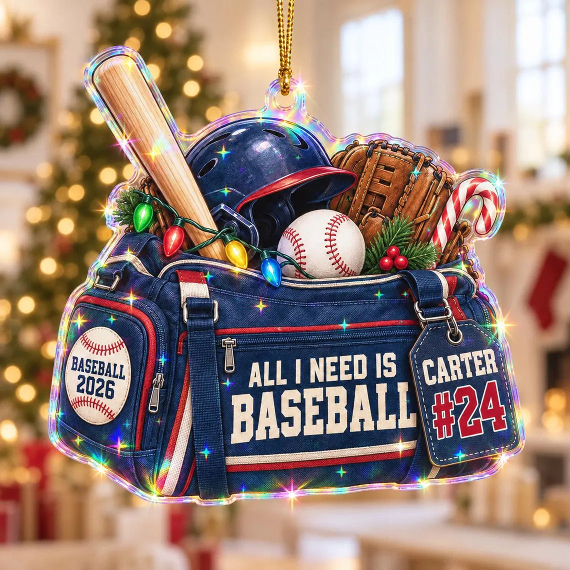 All I Need Is Baseball 2026 Custom Name Date Sports Starburst Hologram Ornament