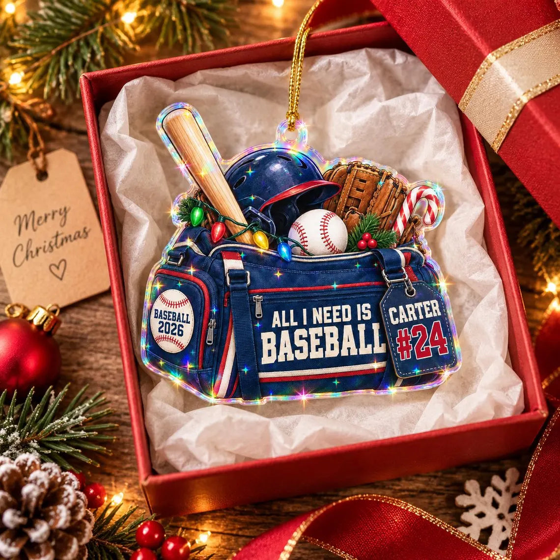 All I Need Is Baseball 2026 Custom Name Date Sports Starburst Hologram Ornament