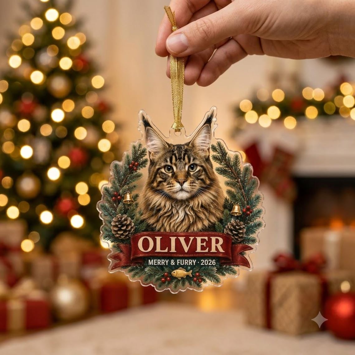 Merry & Furry 2026 Custom Name Photo Cat Acrylic Ornament