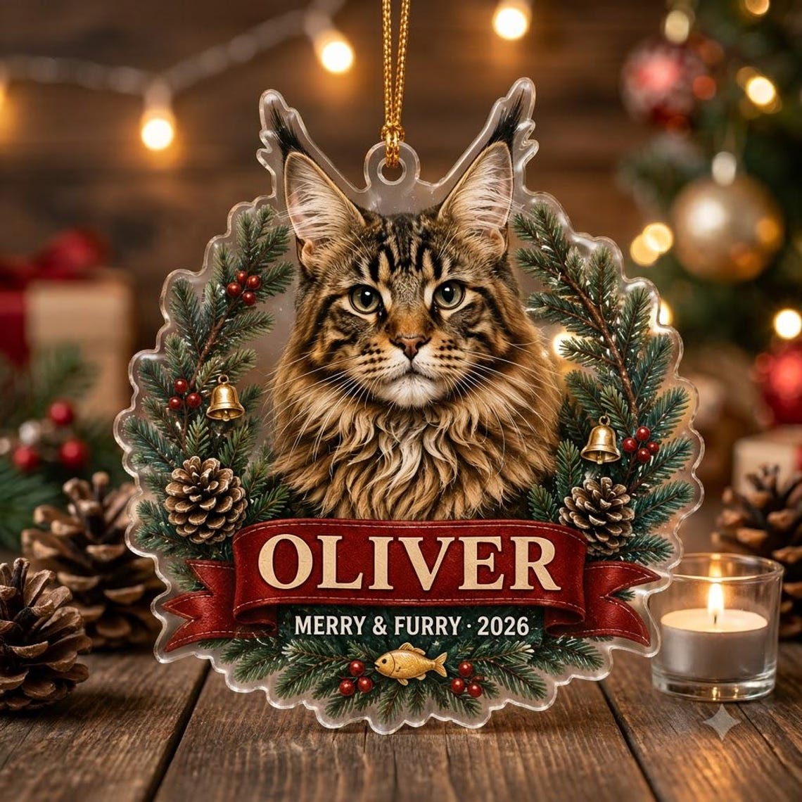 Merry & Furry 2026 Custom Name Photo Cat Acrylic Ornament