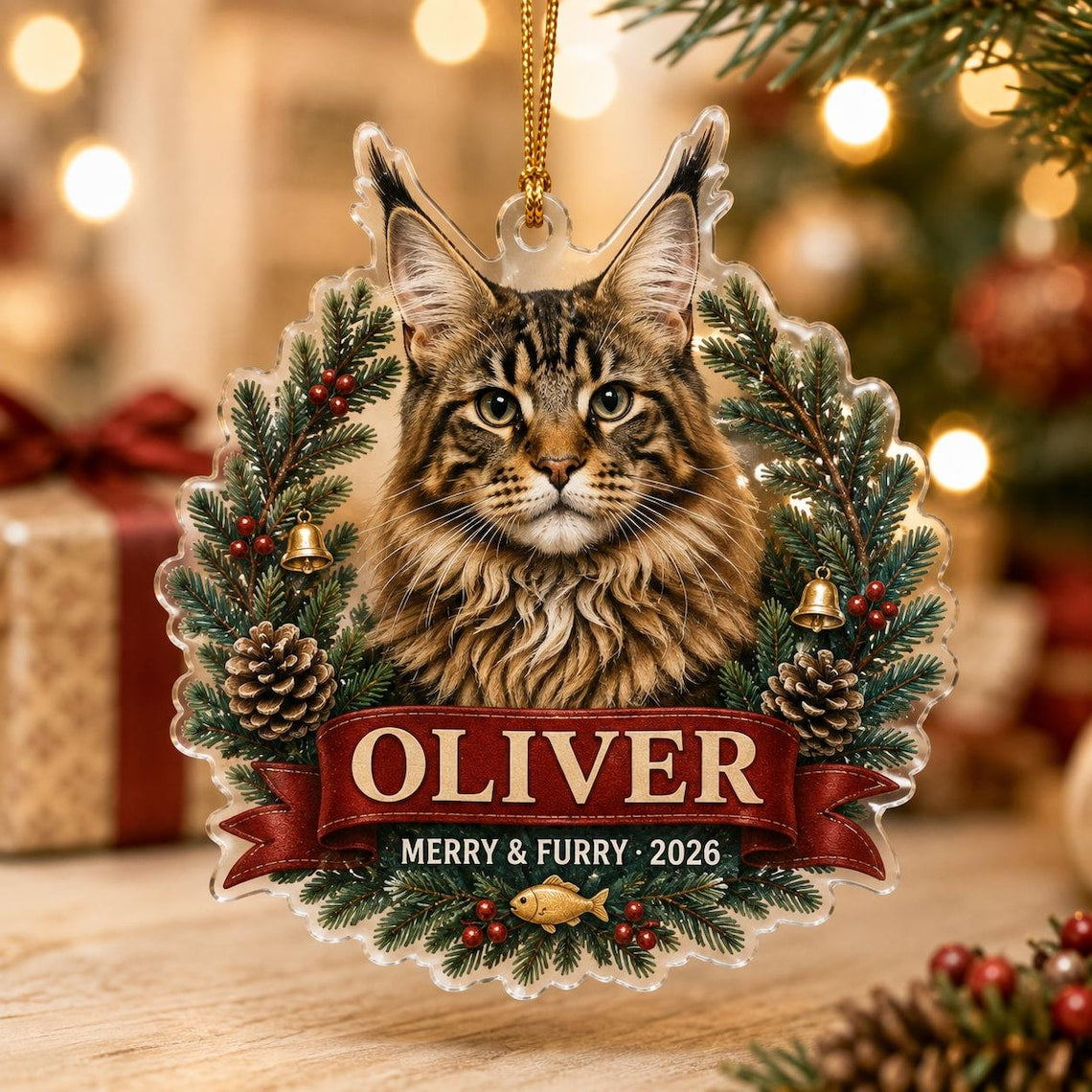 Merry & Furry 2026 Custom Name Photo Cat Acrylic Ornament