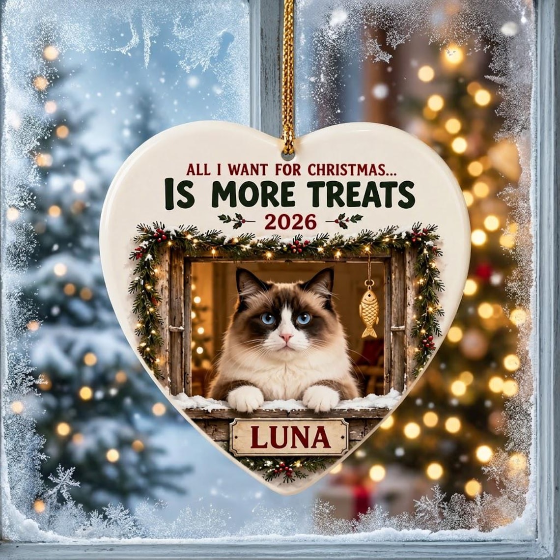 All I Want for Christmas Is More Treats 2026 Custom Name Photo Cat Heart Ceramic Ornament
