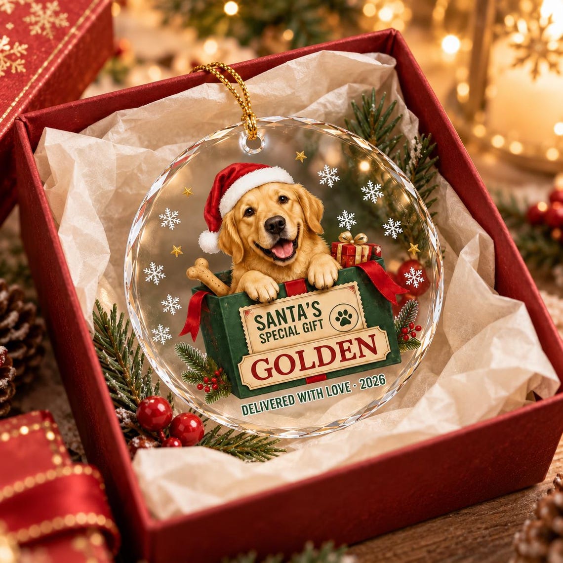 Santa's Special Gift 2026 Custom Name Photo Dog Round Glass Ornament