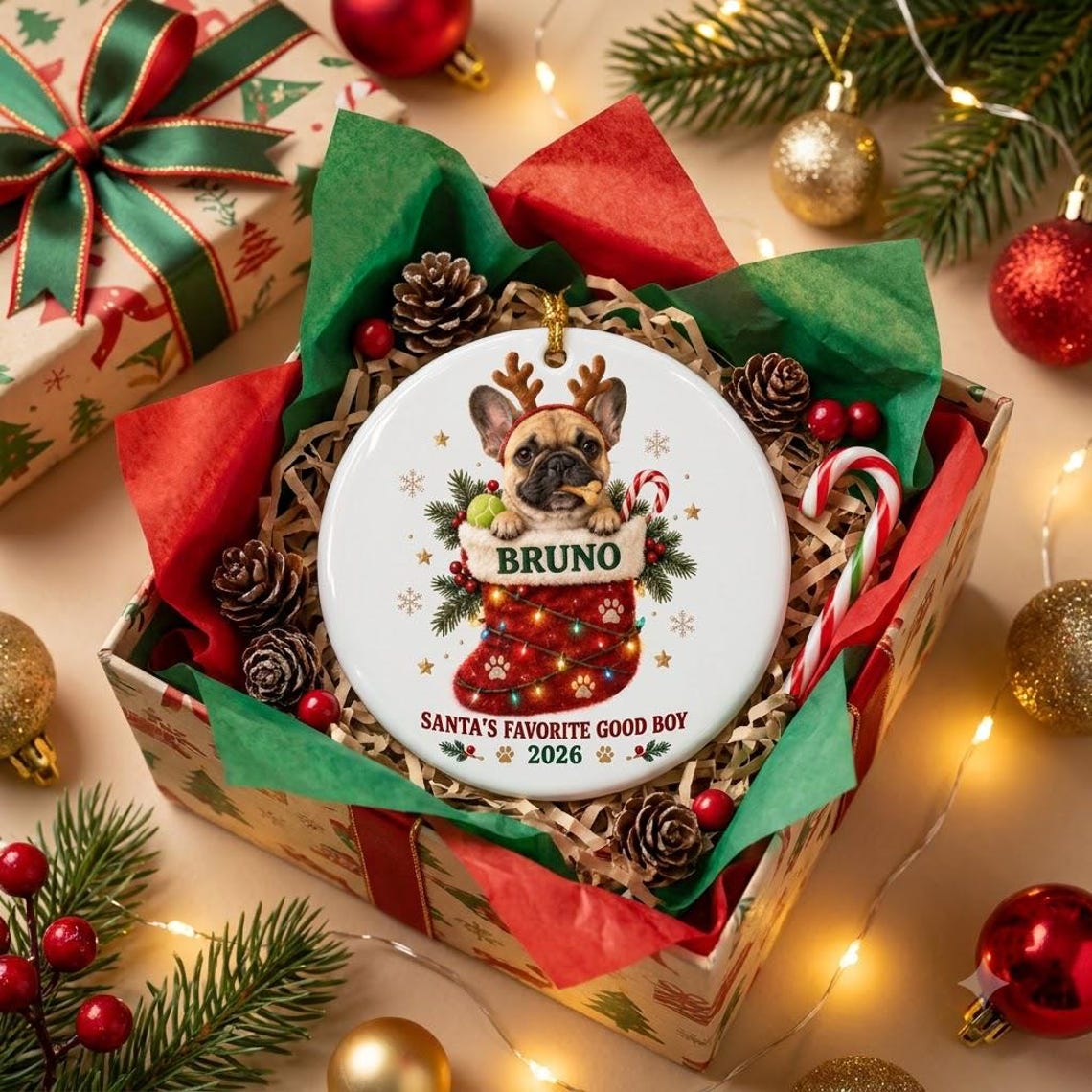 Santa's Favorite Good Boy Stocking 2026 Custom Name Date Photo Dog Round Ceramic Ornament