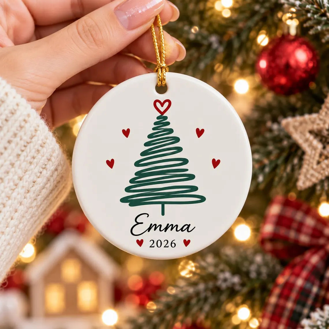 Minimal Christmas Tree 2026 Custom Name Round Ceramic Christmas Ornament