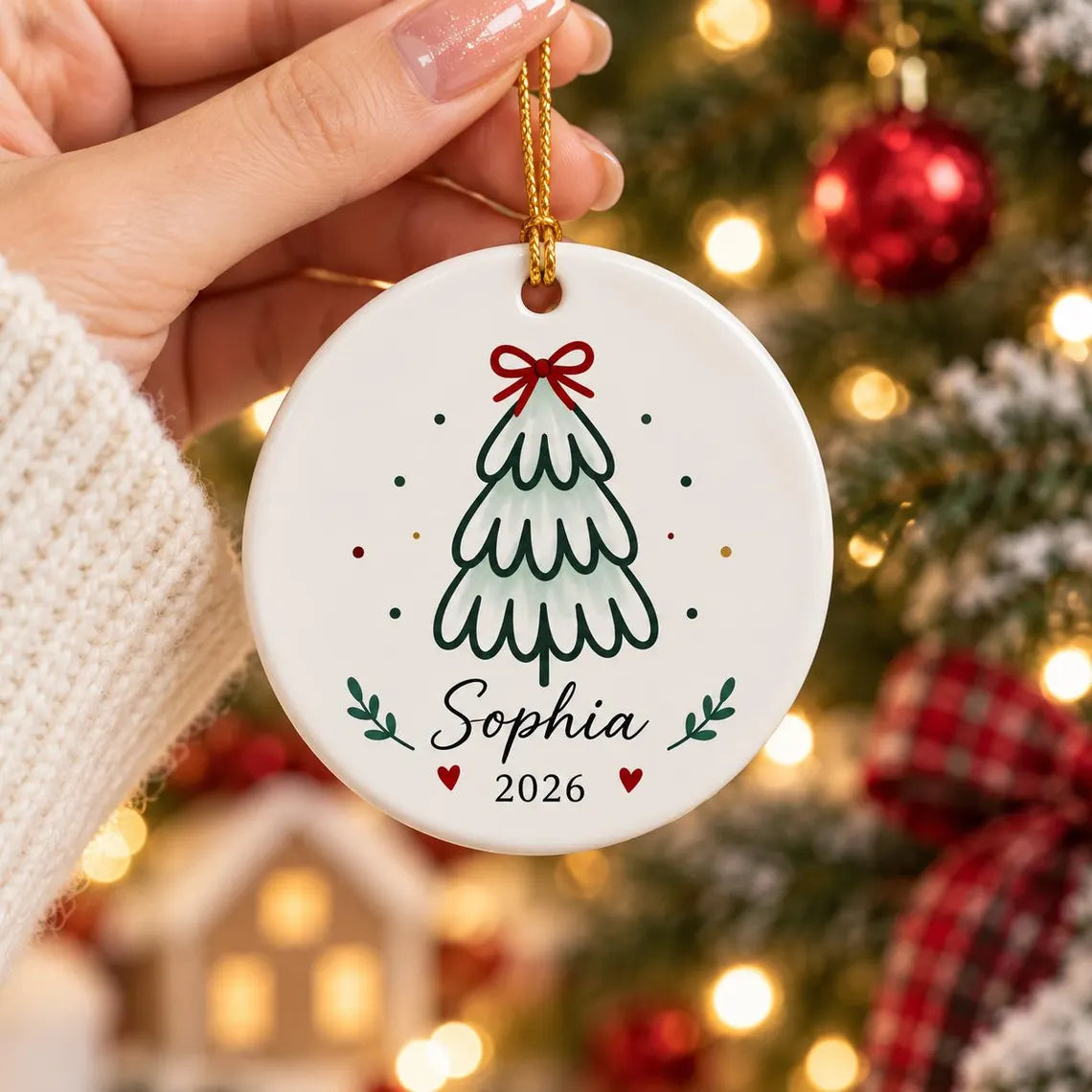 Minimal Christmas Tree 2026 Custom Name Round Ceramic Christmas Ornament