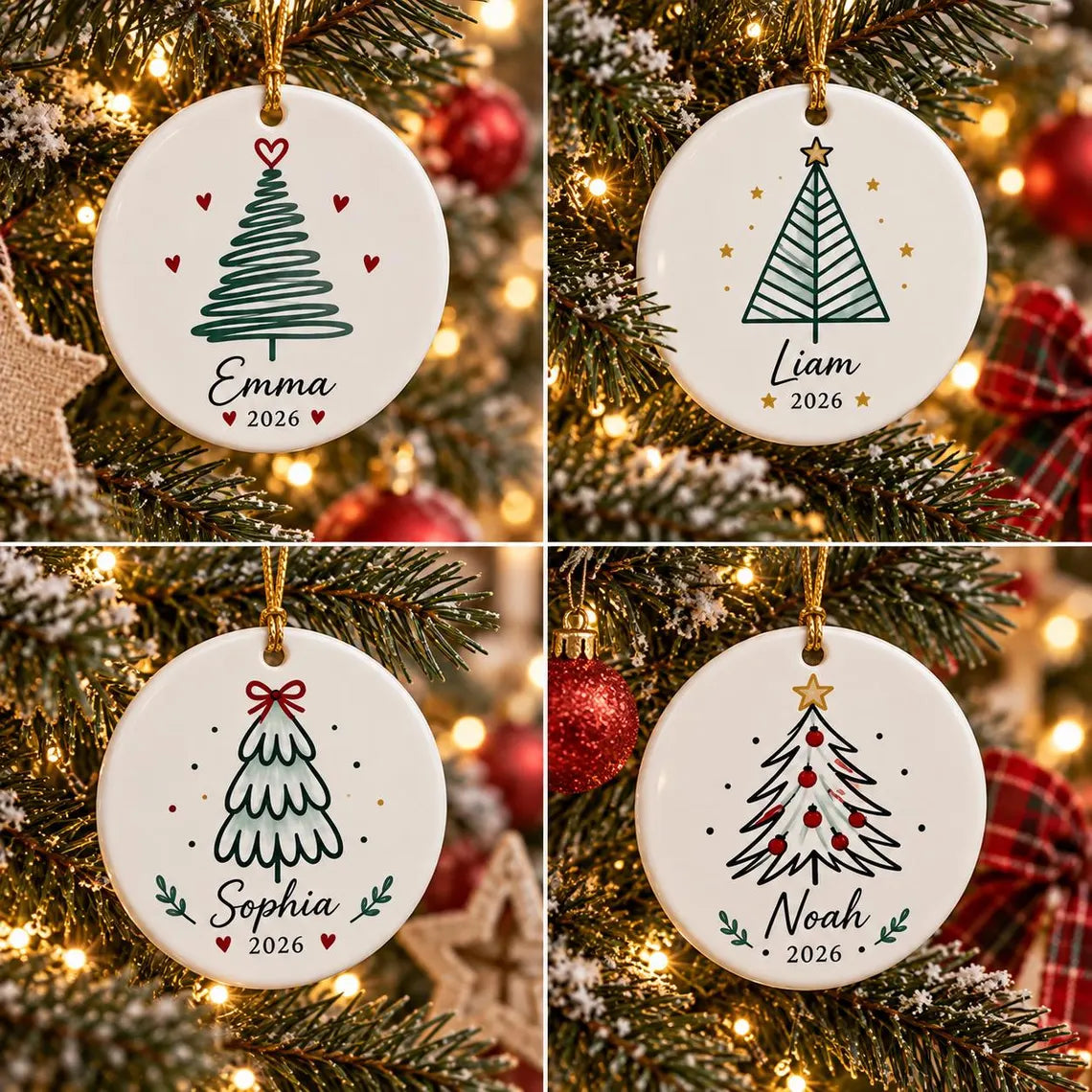 Minimal Christmas Tree 2026 Custom Name Round Ceramic Christmas Ornament
