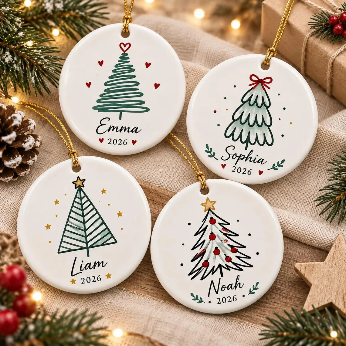 Minimal Christmas Tree 2026 Custom Name Round Ceramic Christmas Ornament