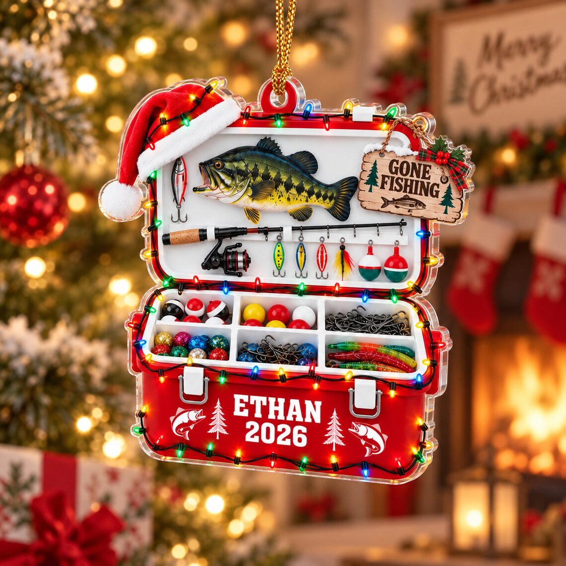 Christmas Fishing Tackle Box 2026 Custom Name Date Fishing Acrylic Ornament Angler