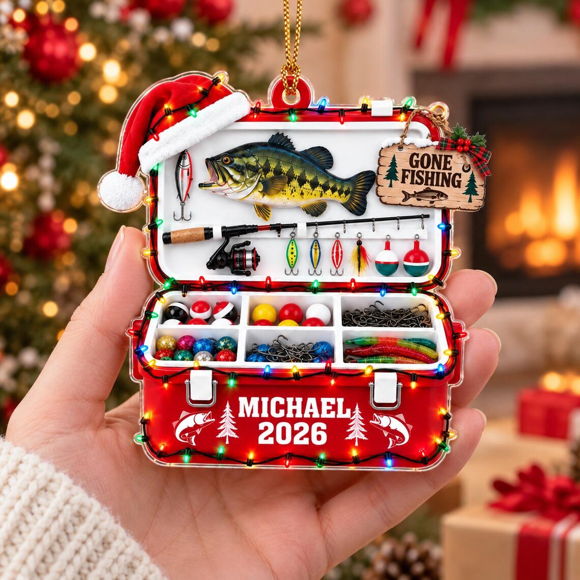 Christmas Fishing Tackle Box 2026 Custom Name Date Fishing Acrylic Ornament Angler