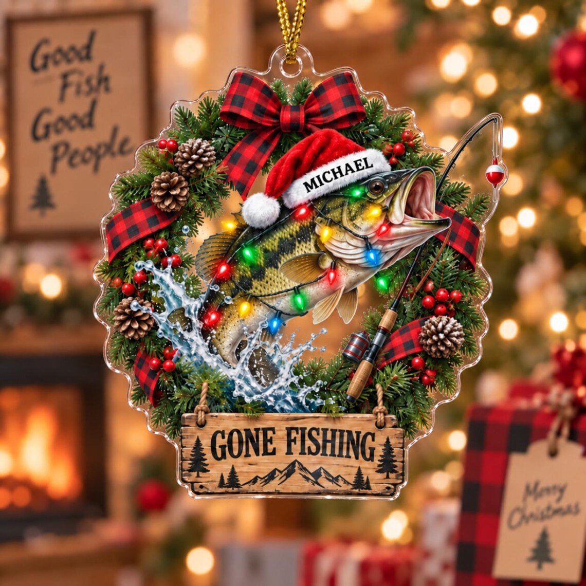 Gone Fishing Christmas Custom Name Fishing Acrylic Ornament