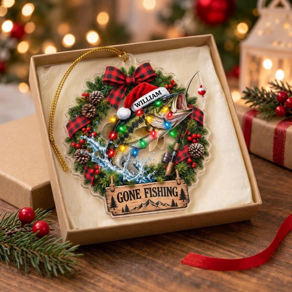 Gone Fishing Christmas Custom Name Fishing Acrylic Ornament