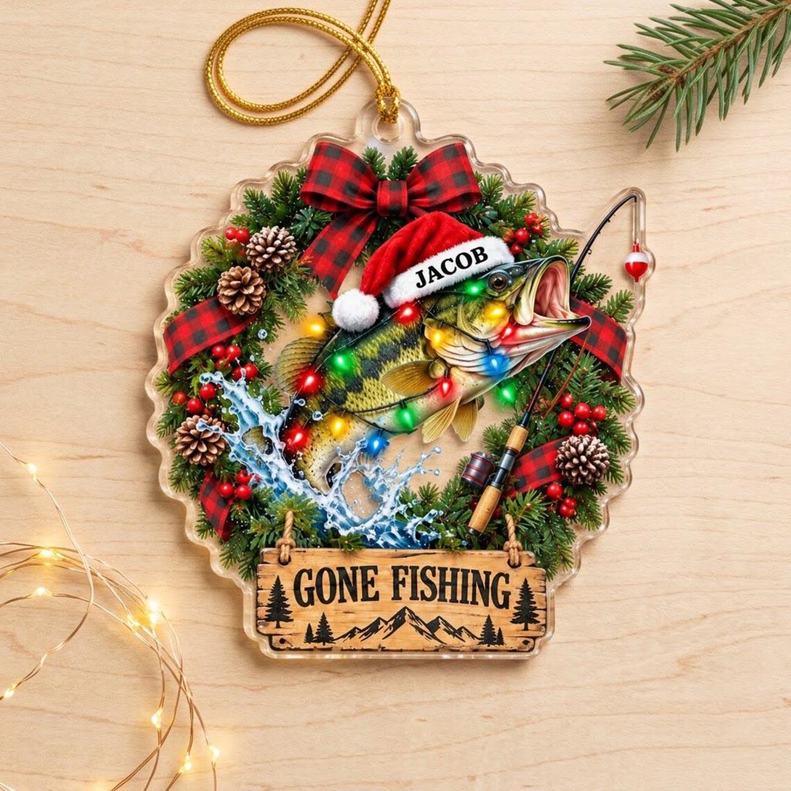 Gone Fishing Christmas Custom Name Fishing Acrylic Ornament