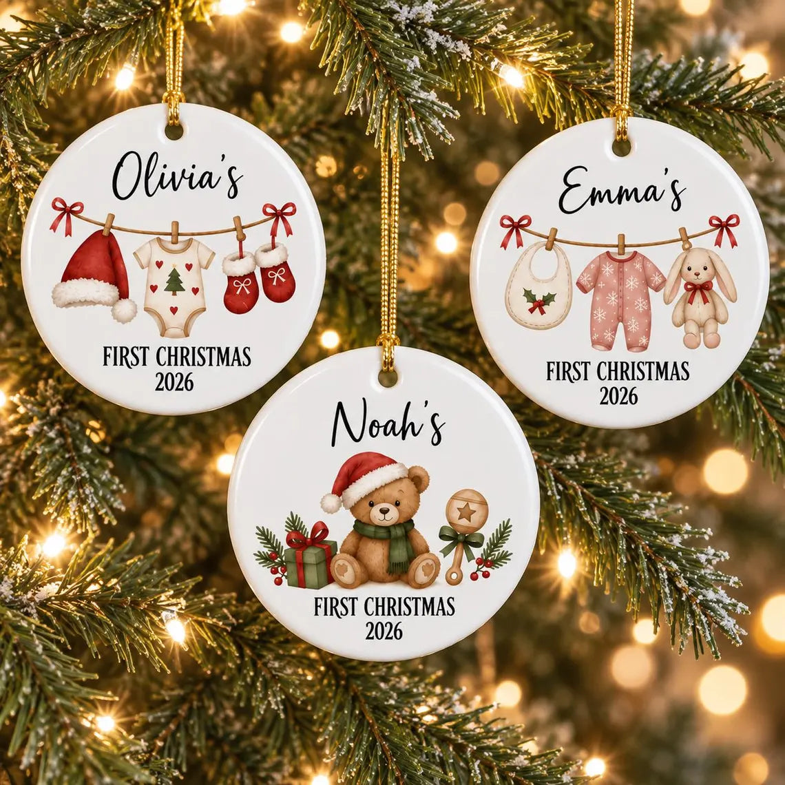 Baby's First Christmas 2026 Custom Name Baby's First Christmas Round Ceramic Christmas Ornament