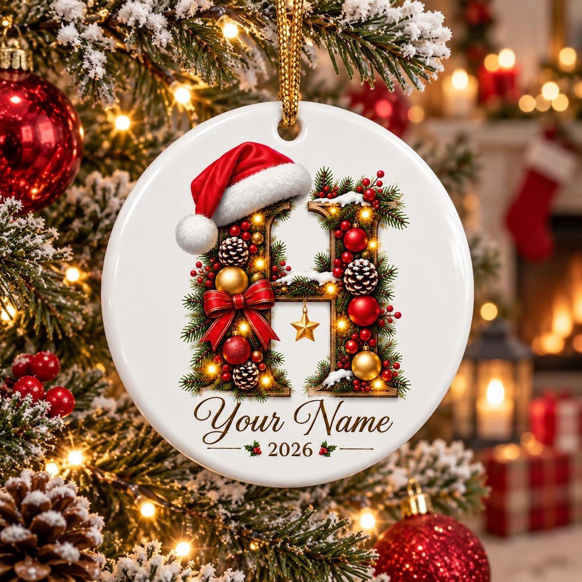 Christmas Initial 2026 Custom Name Family Round Ceramic Ornament