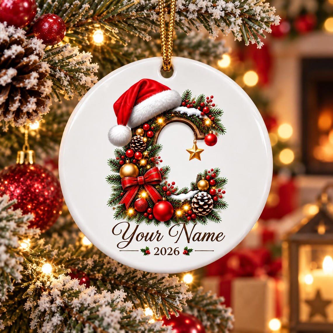 Christmas Initial 2026 Custom Name Family Round Ceramic Ornament