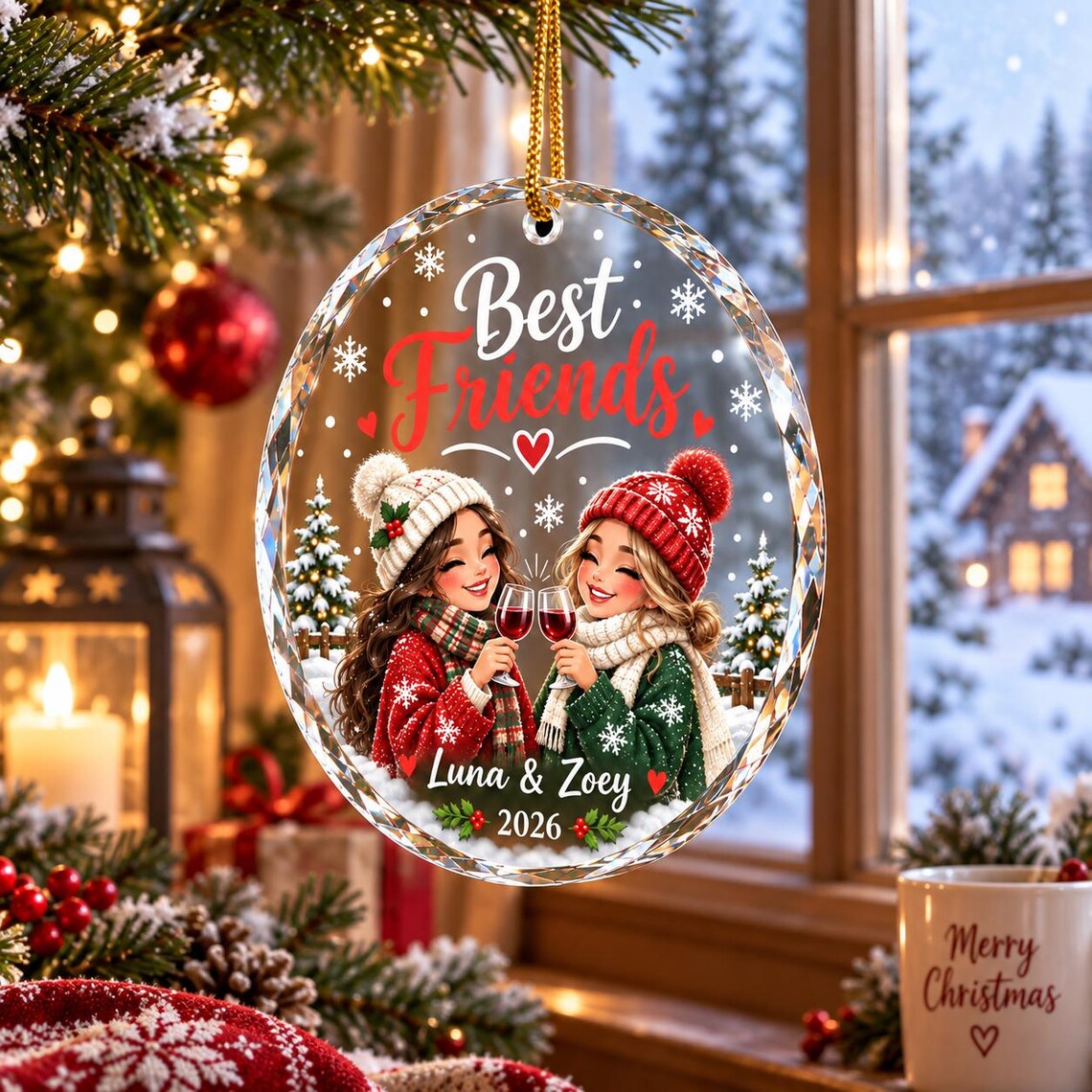 Best Friends Christmas 2026 Custom Name Friendship Round Glass Christmas Ornament