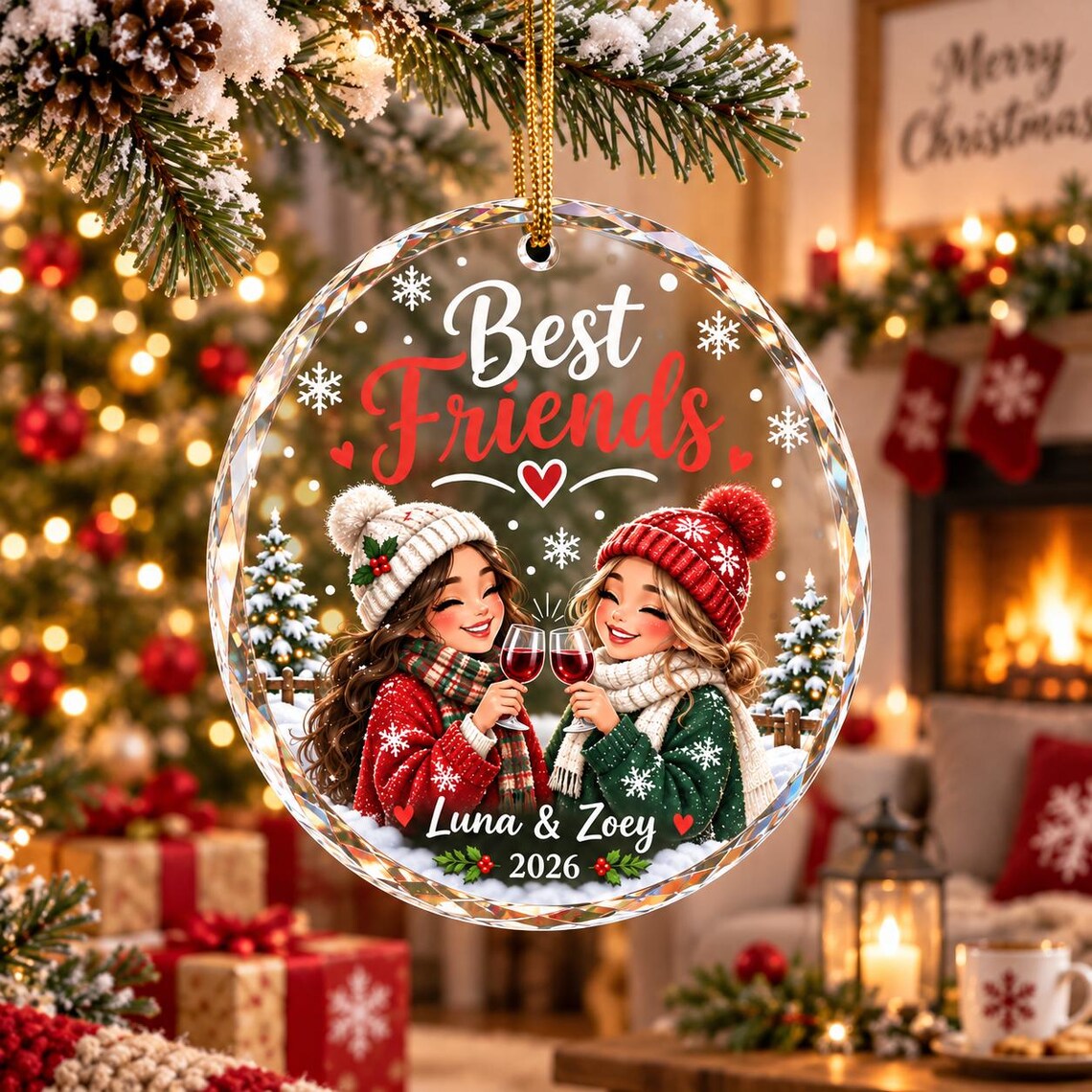 Best Friends Christmas 2026 Custom Name Friendship Round Glass Christmas Ornament
