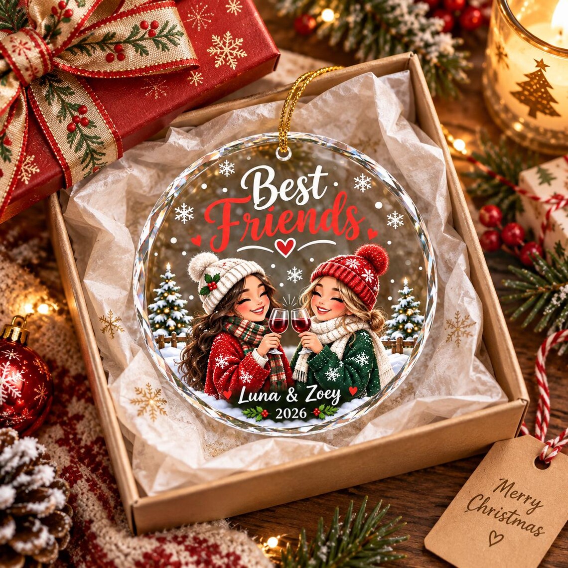 Best Friends Christmas 2026 Custom Name Friendship Round Glass Christmas Ornament