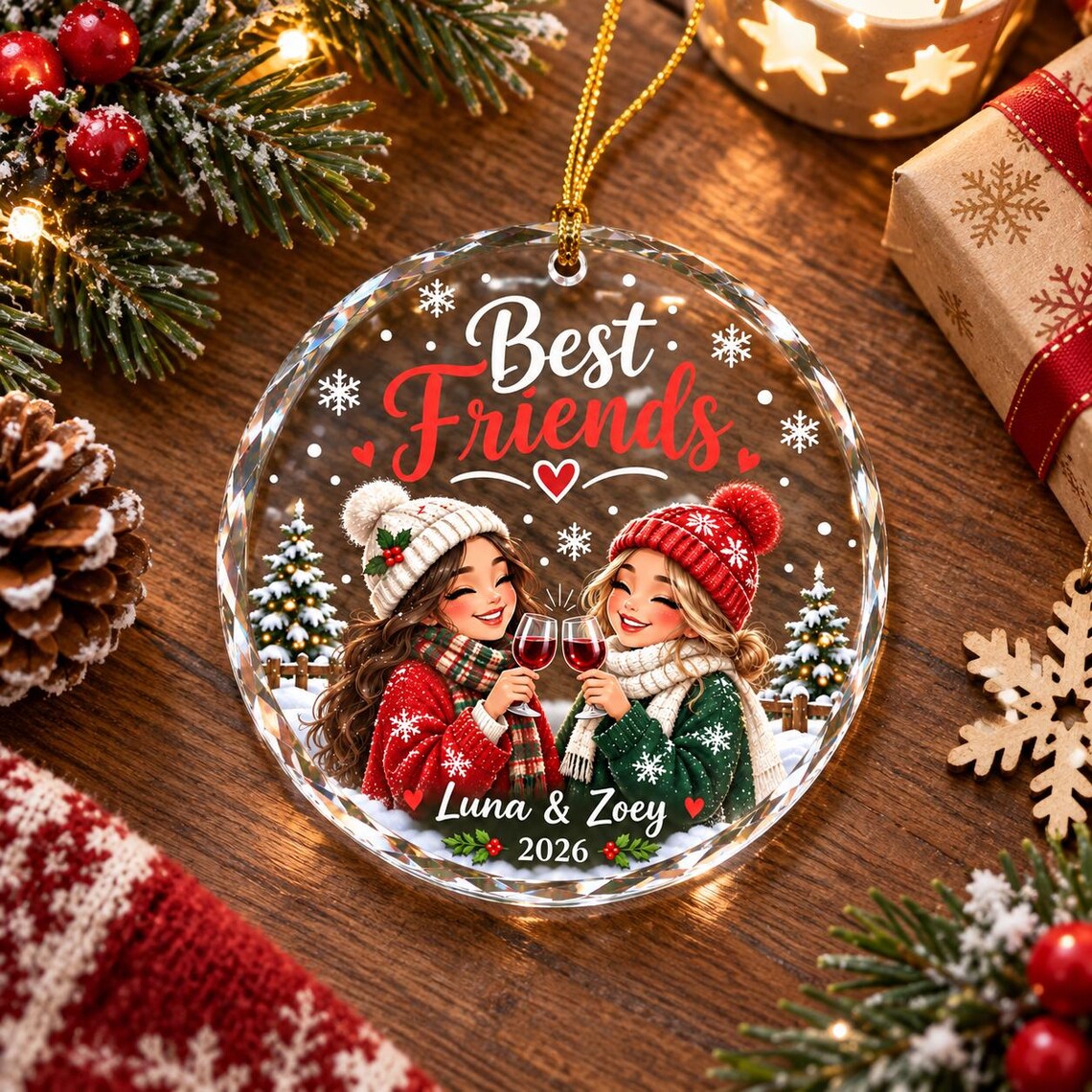 Best Friends Christmas 2026 Custom Name Friendship Round Glass Christmas Ornament