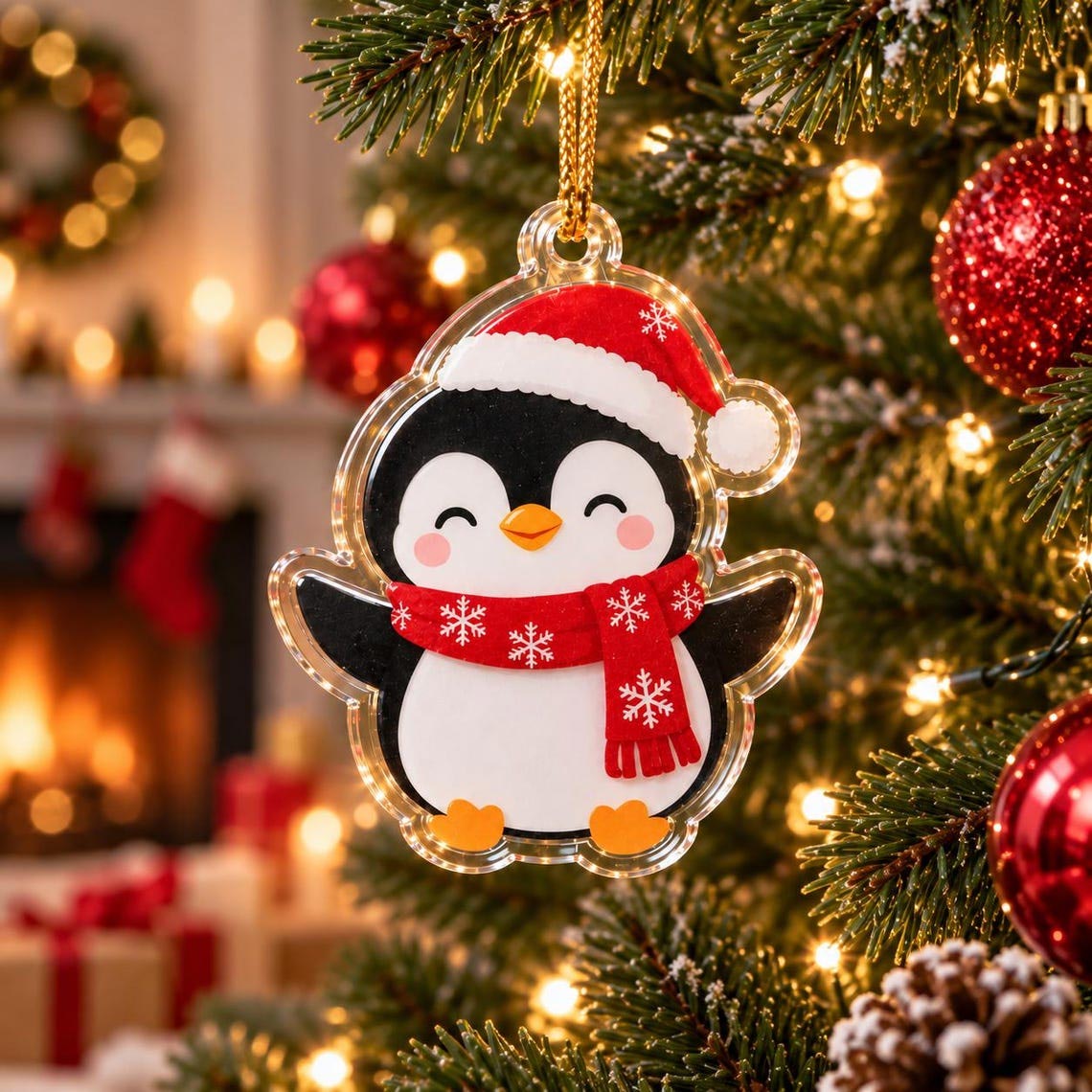 Cute Penguin Santa Hat Christmas Acrylic Ornament
