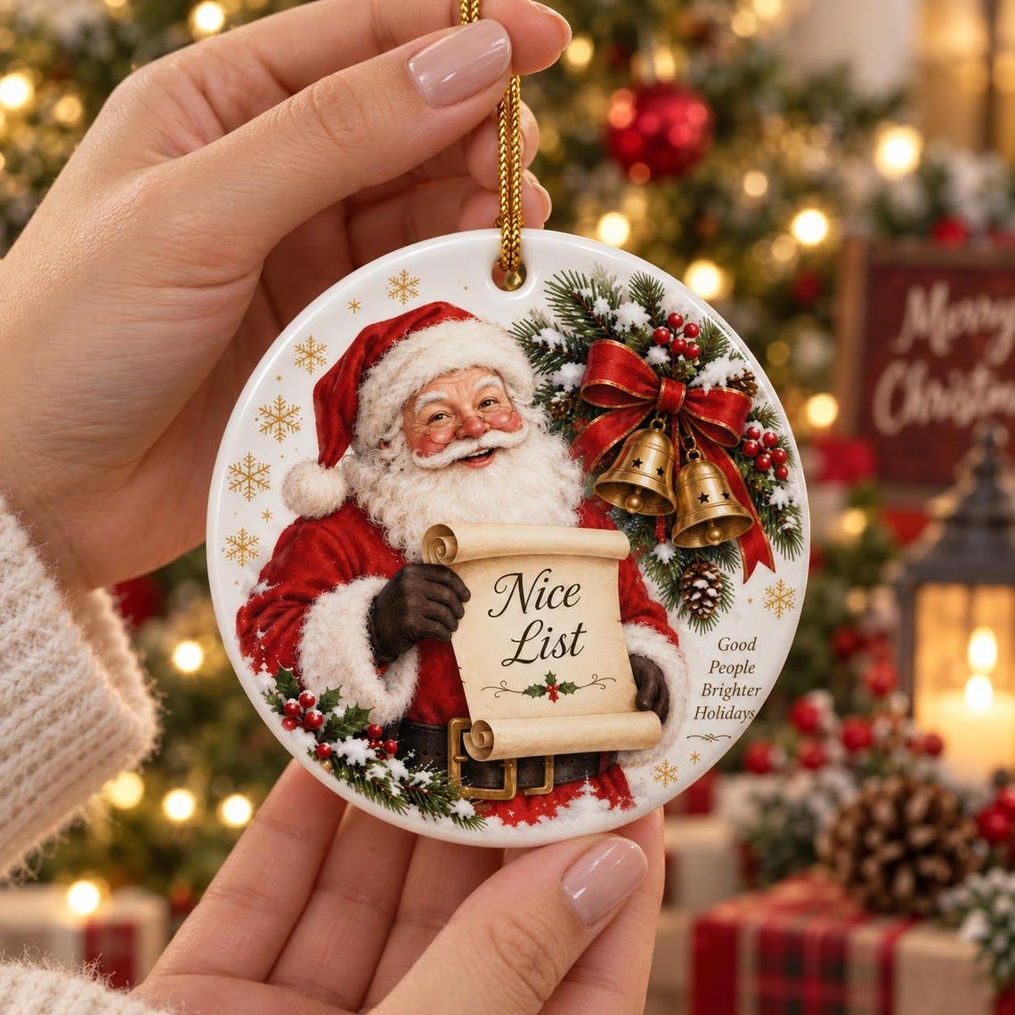 Santa Nice List Christmas Family Ceramic Round Ornament