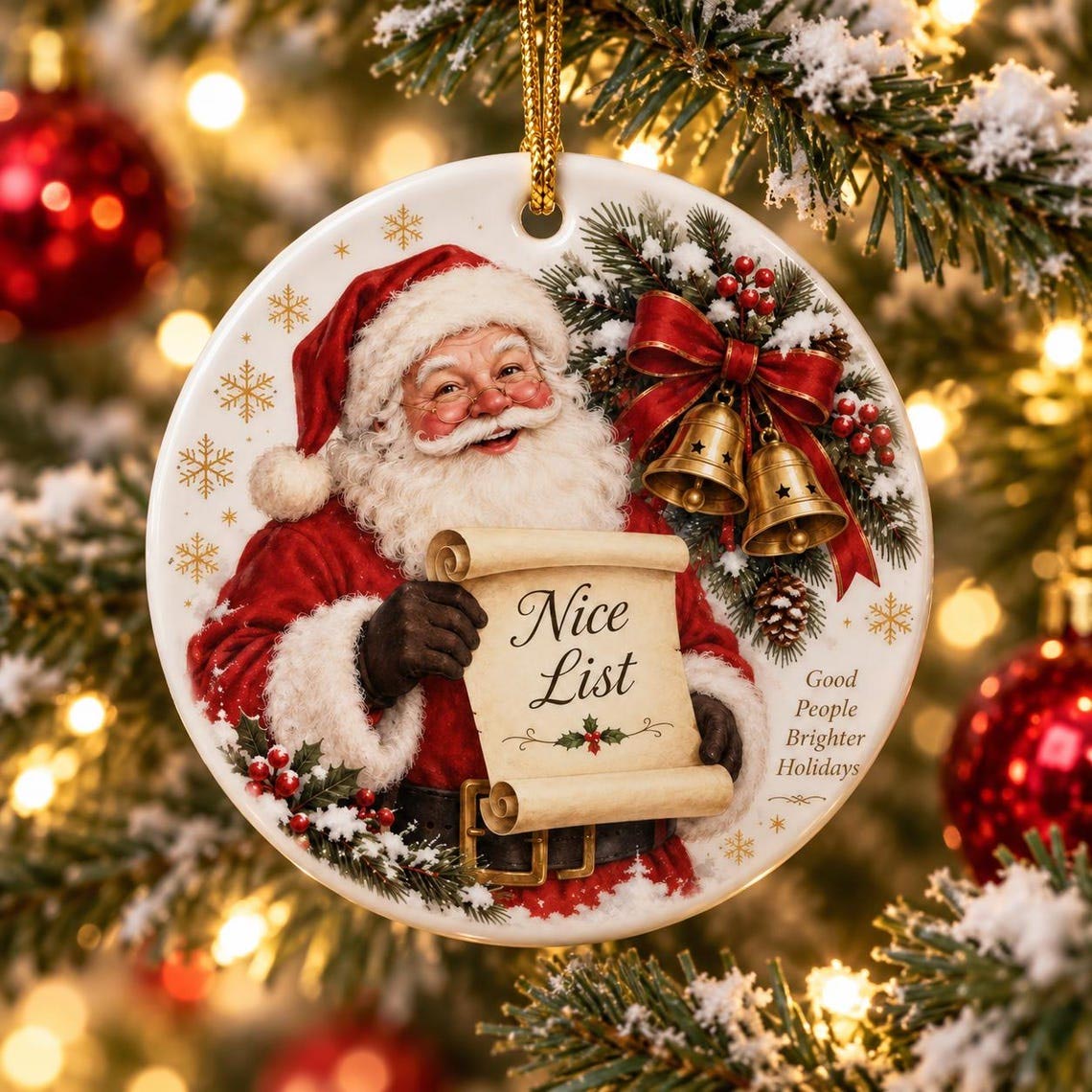 Santa Nice List Christmas Family Ceramic Round Ornament