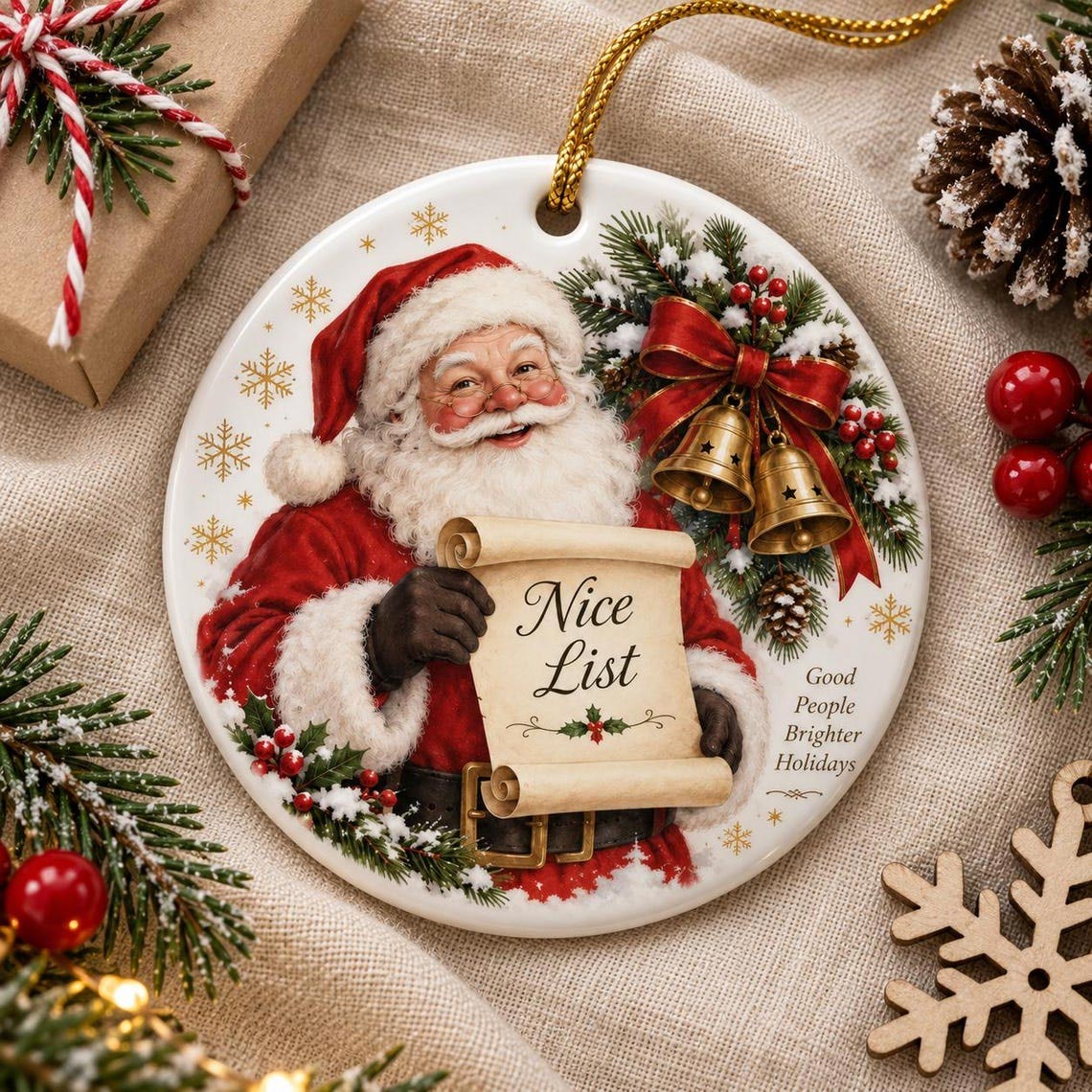 Santa Nice List Christmas Family Ceramic Round Ornament
