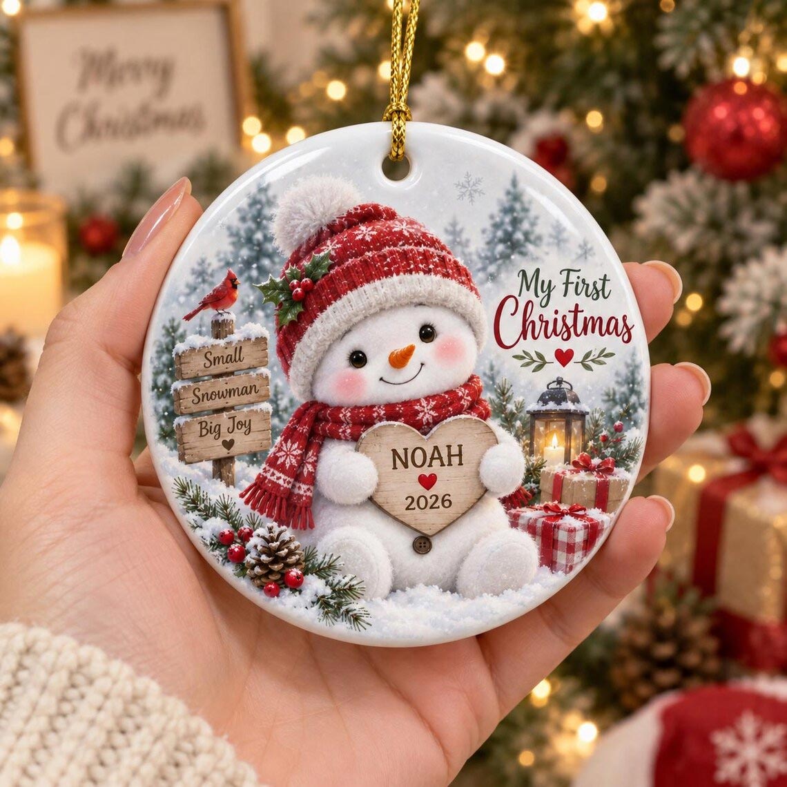 My First Christmas Snowman Custom Name Date Baby's First Christmas Round Ceramic Ornament