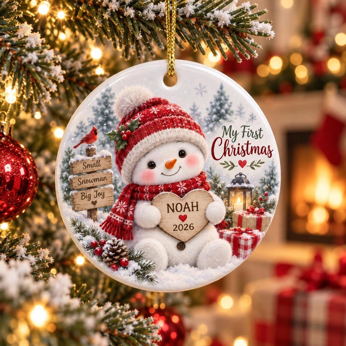 My First Christmas Snowman Custom Name Date Baby's First Christmas Round Ceramic Ornament