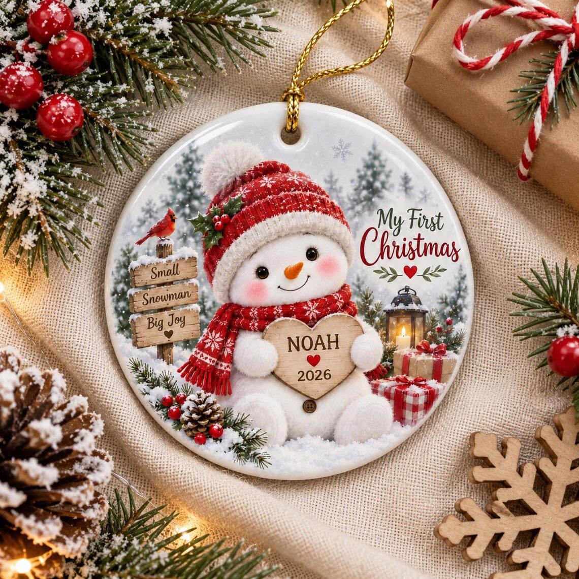 My First Christmas Snowman Custom Name Date Baby's First Christmas Round Ceramic Ornament