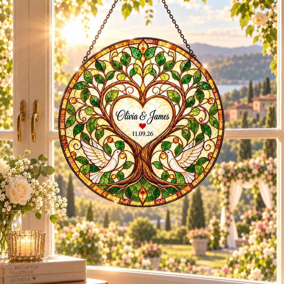 Tree of Life Doves Custom Name Date Couple Stained Glass Suncatcher Ornament