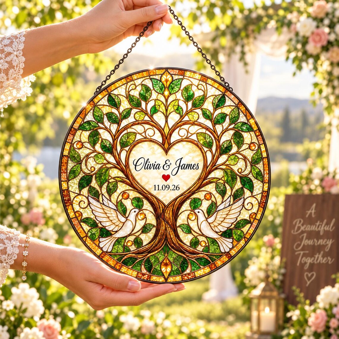 Tree of Life Doves Custom Name Date Couple Stained Glass Suncatcher Ornament