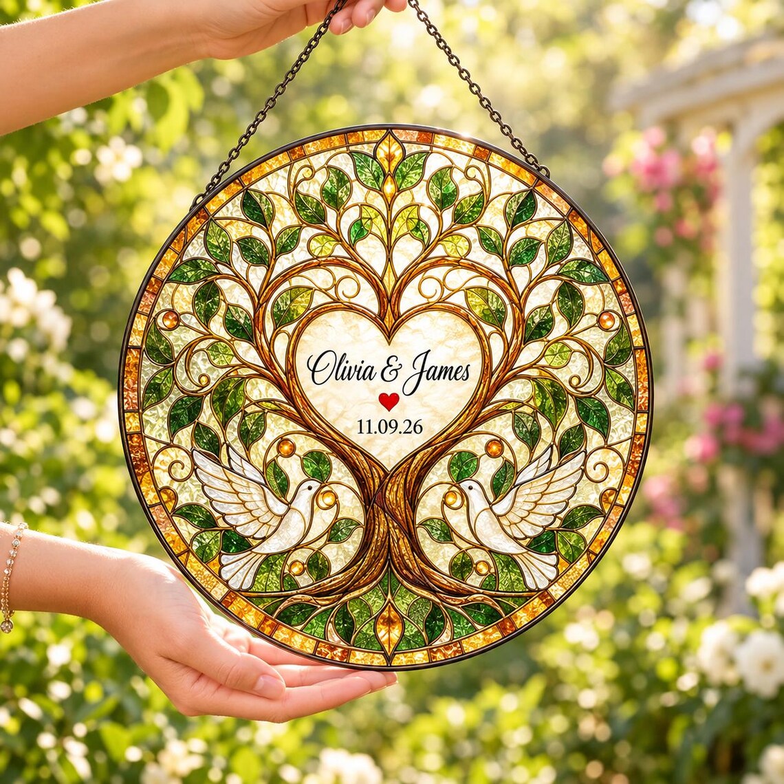 Tree of Life Doves Custom Name Date Couple Stained Glass Suncatcher Ornament