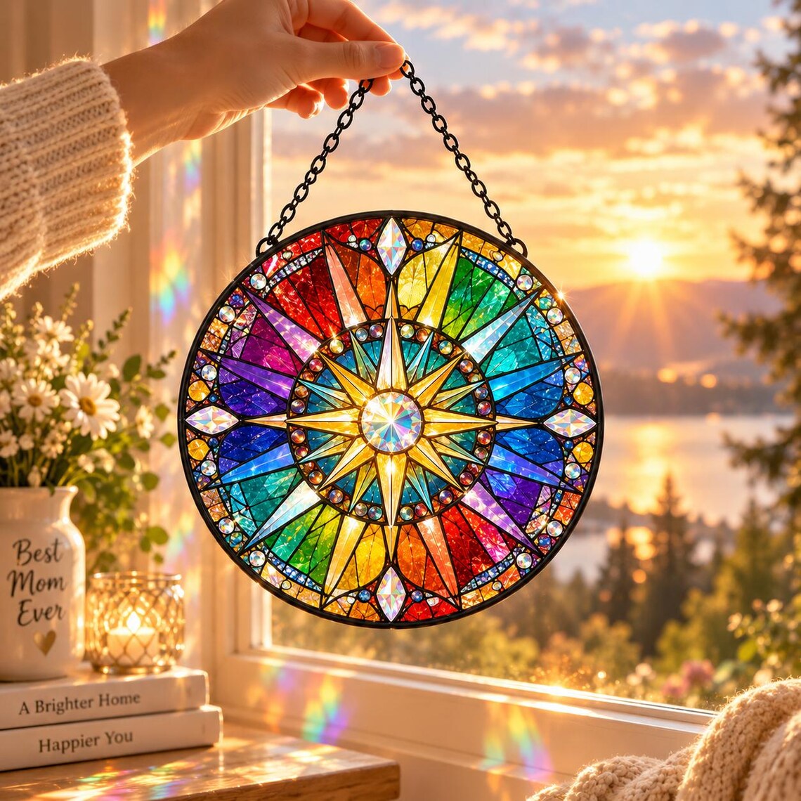 Rainbow Compass Star Stained Glass Suncatcher Ornament