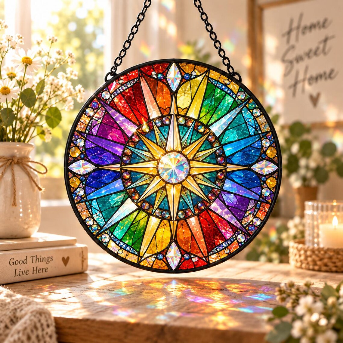 Rainbow Compass Star Stained Glass Suncatcher Ornament