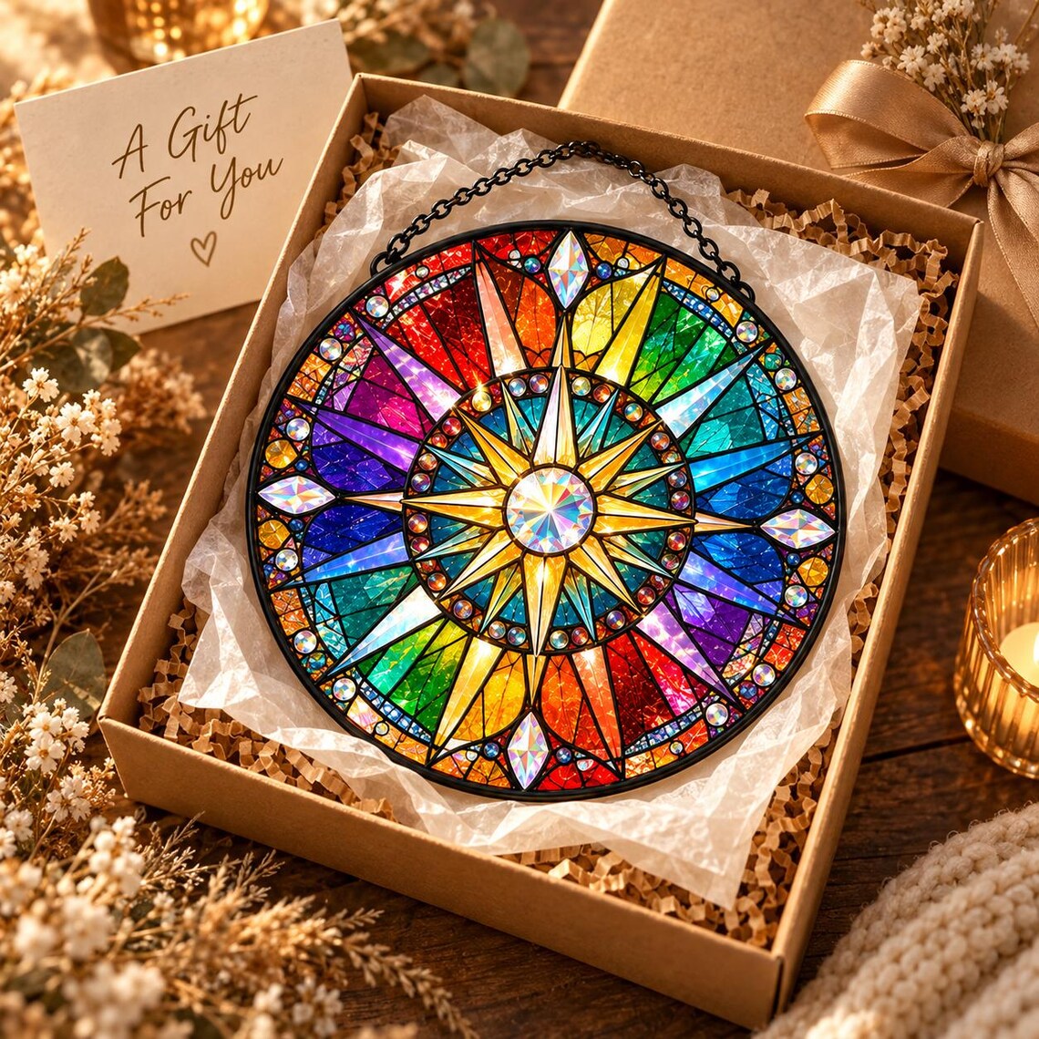 Rainbow Compass Star Stained Glass Suncatcher Ornament