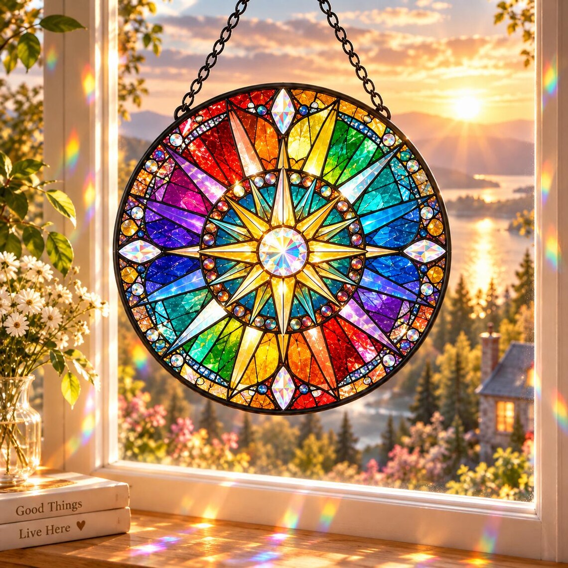 Rainbow Compass Star Stained Glass Suncatcher Ornament