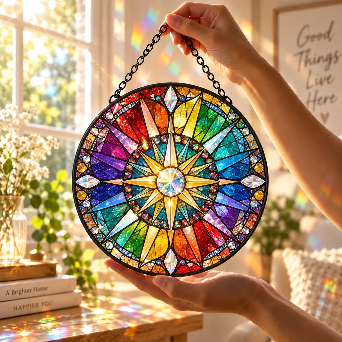 Rainbow Compass Star Stained Glass Suncatcher Ornament
